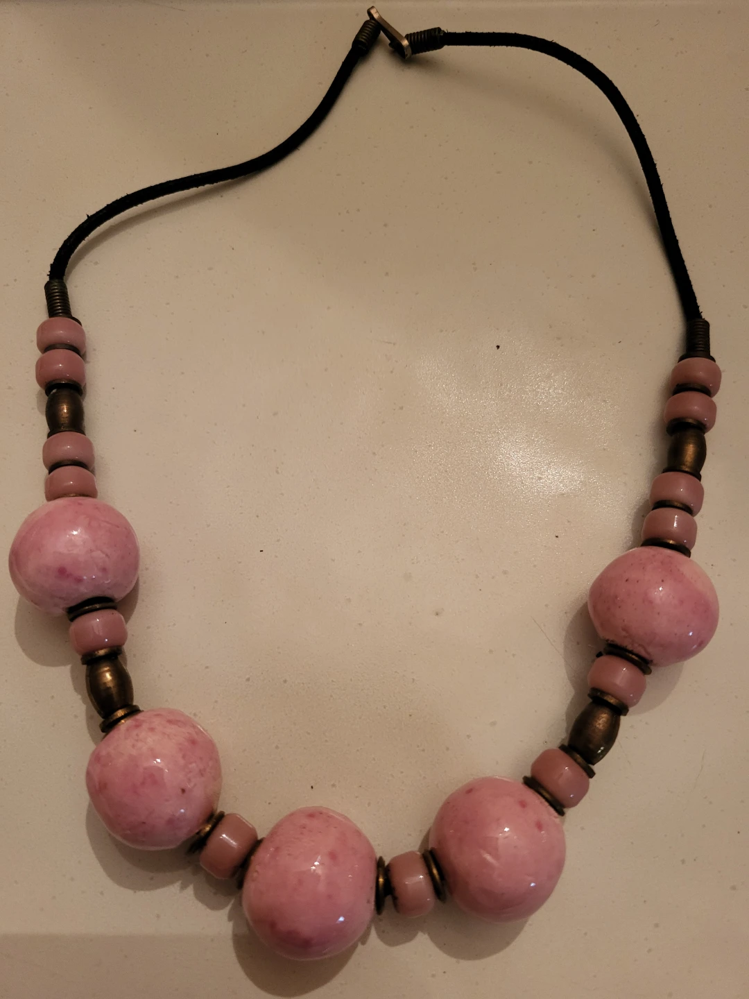 Pink Stone Beaded Necklace with Brass Accents