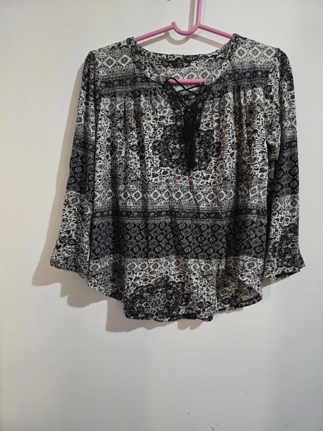 Boho Paisley Print Long Sleeve Lace-Up Blouse - photo 3