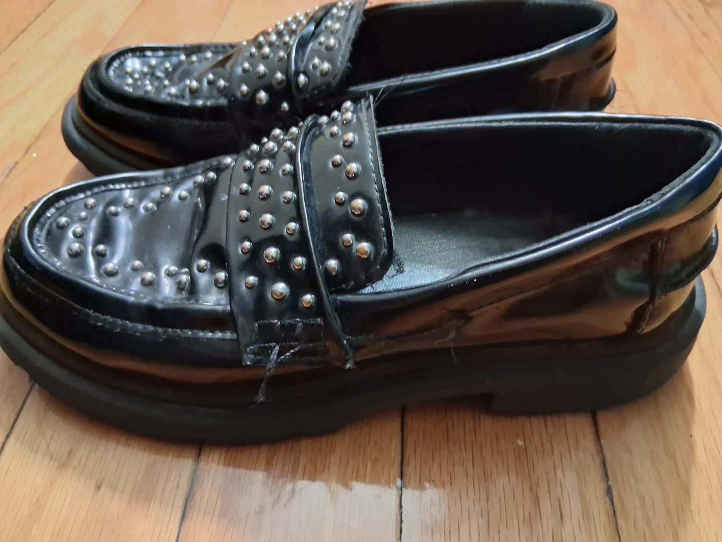 ZARA Black Patent Studded Loafer Shoes - Size 37