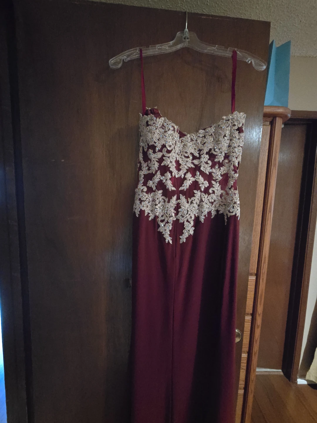 Women's Burgundy Embellished Formal Dress with Slit
