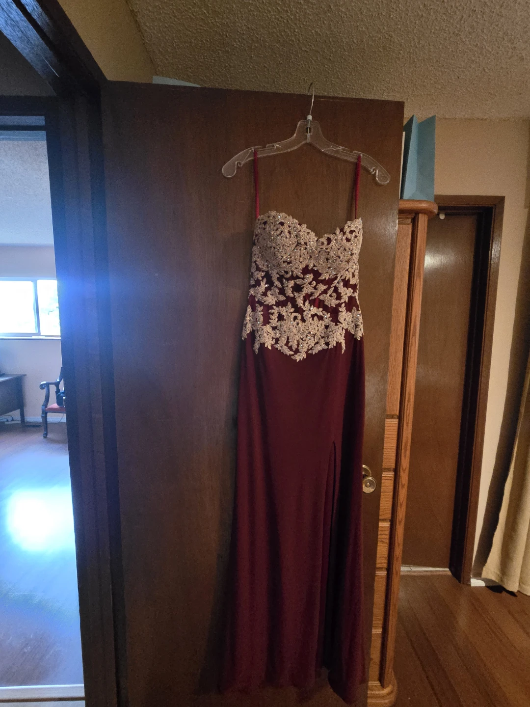 Women's Burgundy Embellished Formal Dress with Slit - photo 3