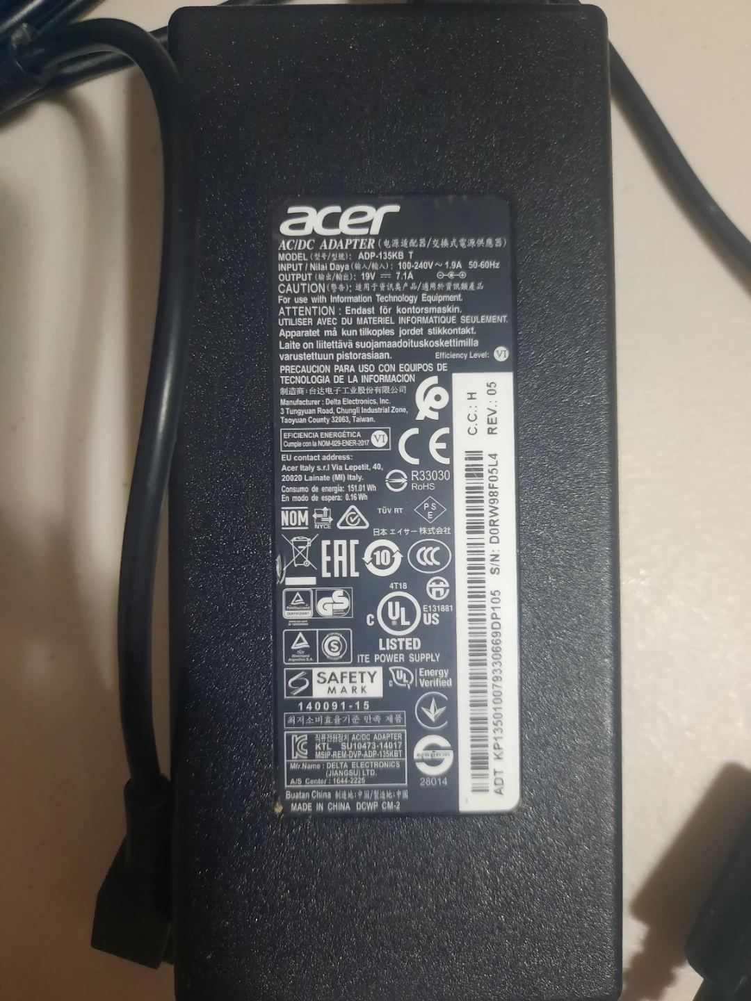 Acer ADP-135KB AC OEM Adapter Laptop Power Supply 19V 7.1A, 120W - photo 2
