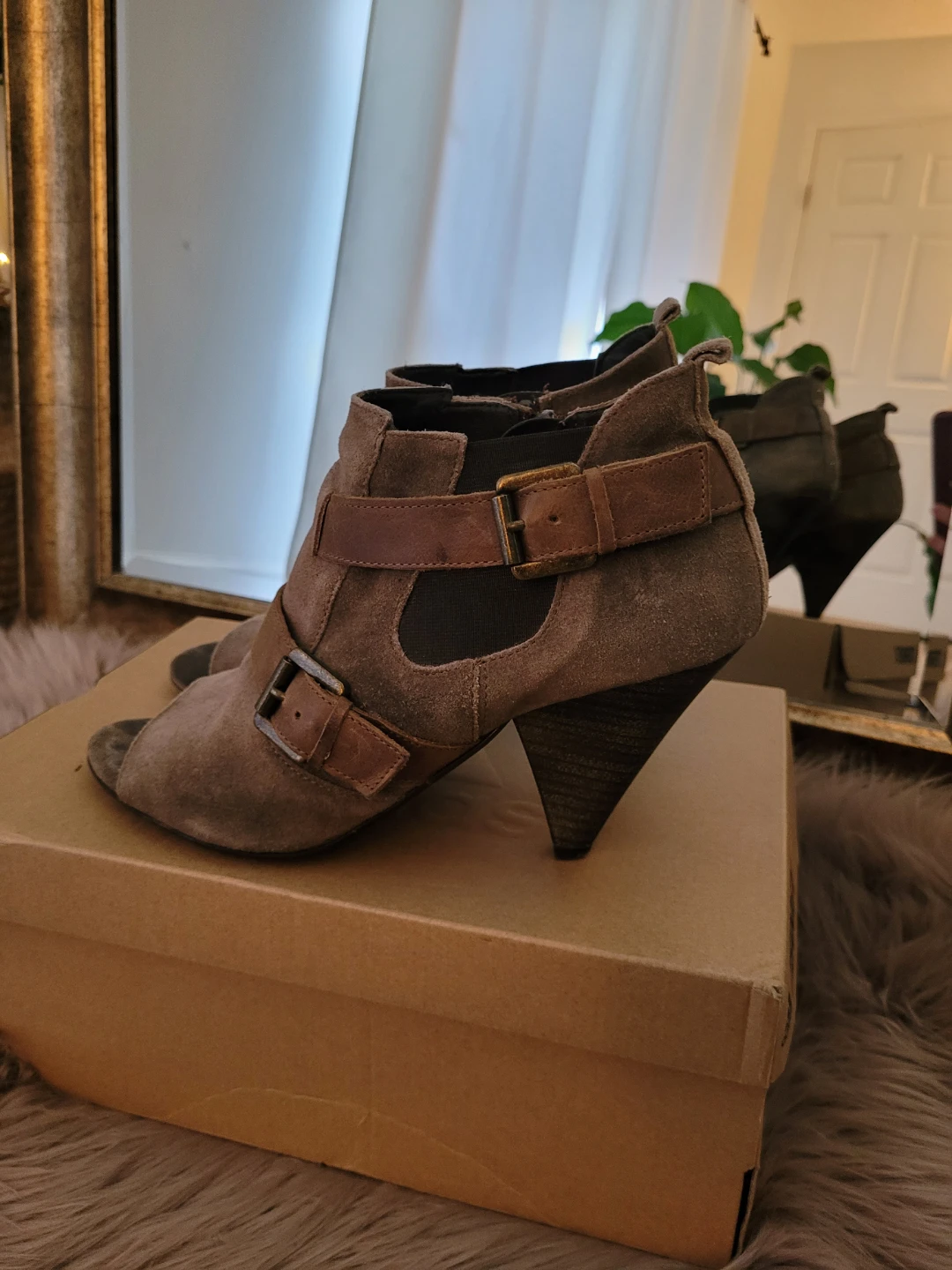 Women's Grey Suede Peep-Toe Ankle Boots with Buckle Detail - photo 2