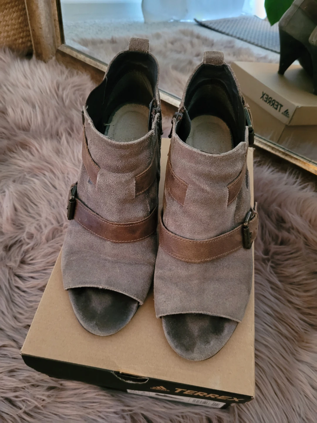 Women's Grey Suede Peep-Toe Ankle Boots with Buckle Detail - photo 5