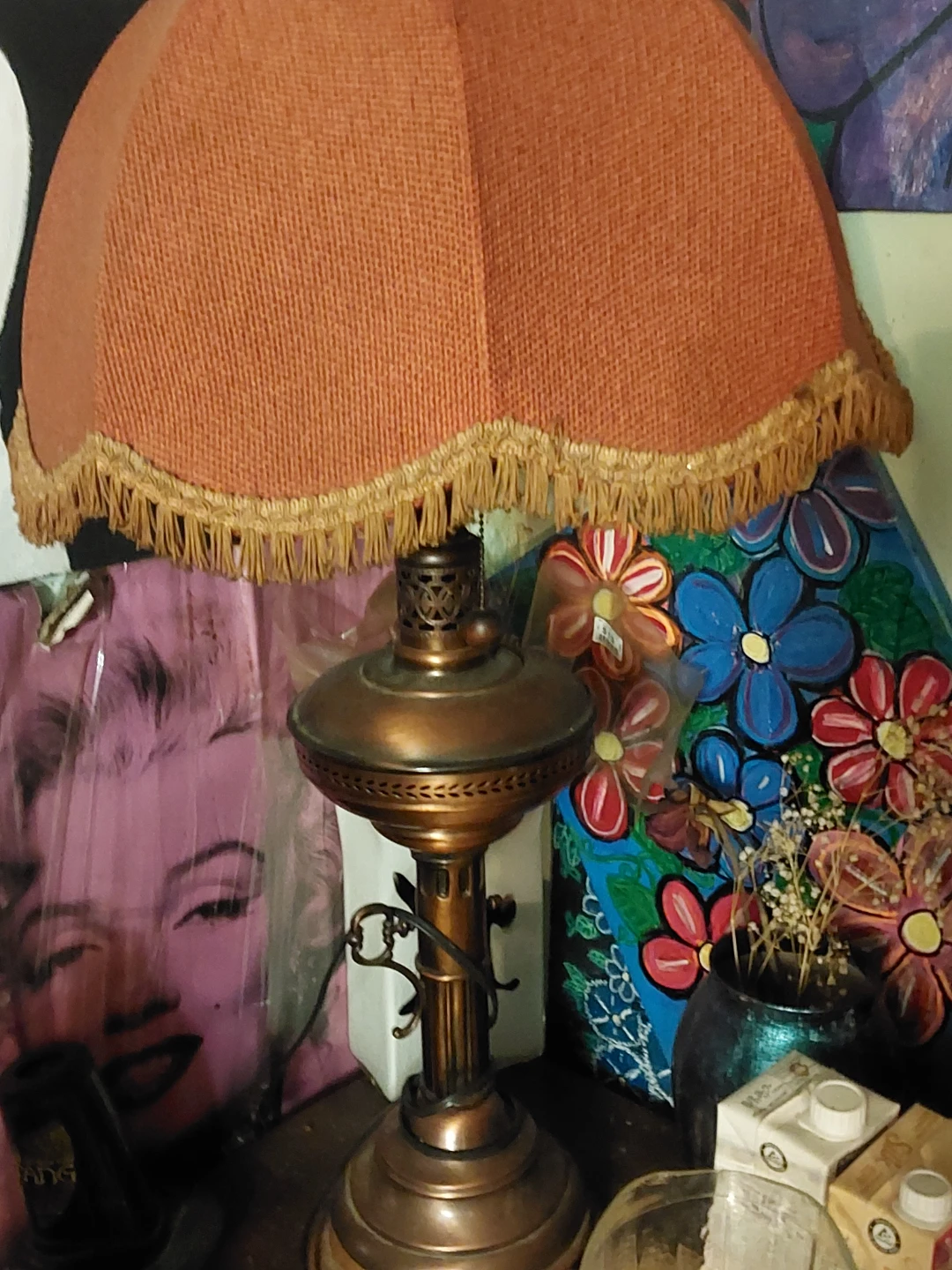 Vintage  Lamp with Orange Fringe Shade