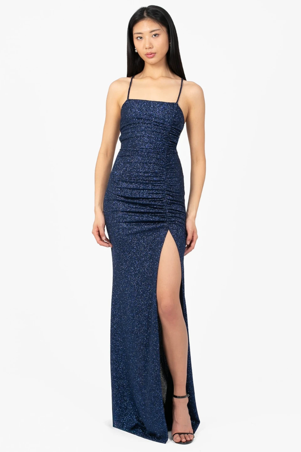 Sparkly Blue Spaghetti Strap Gown with High Slit