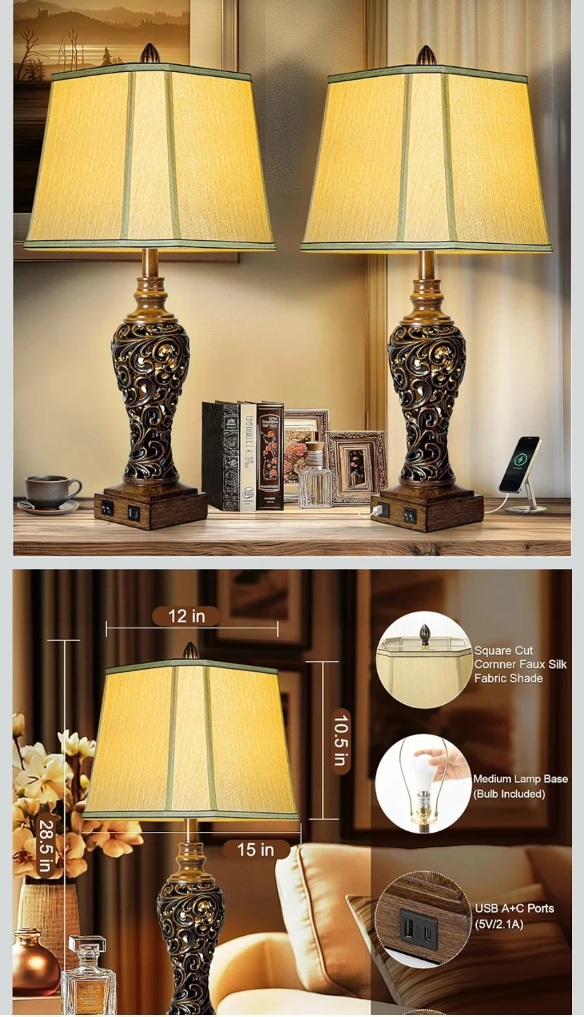 Vintage Style Table Lamp with Dual USB Ports