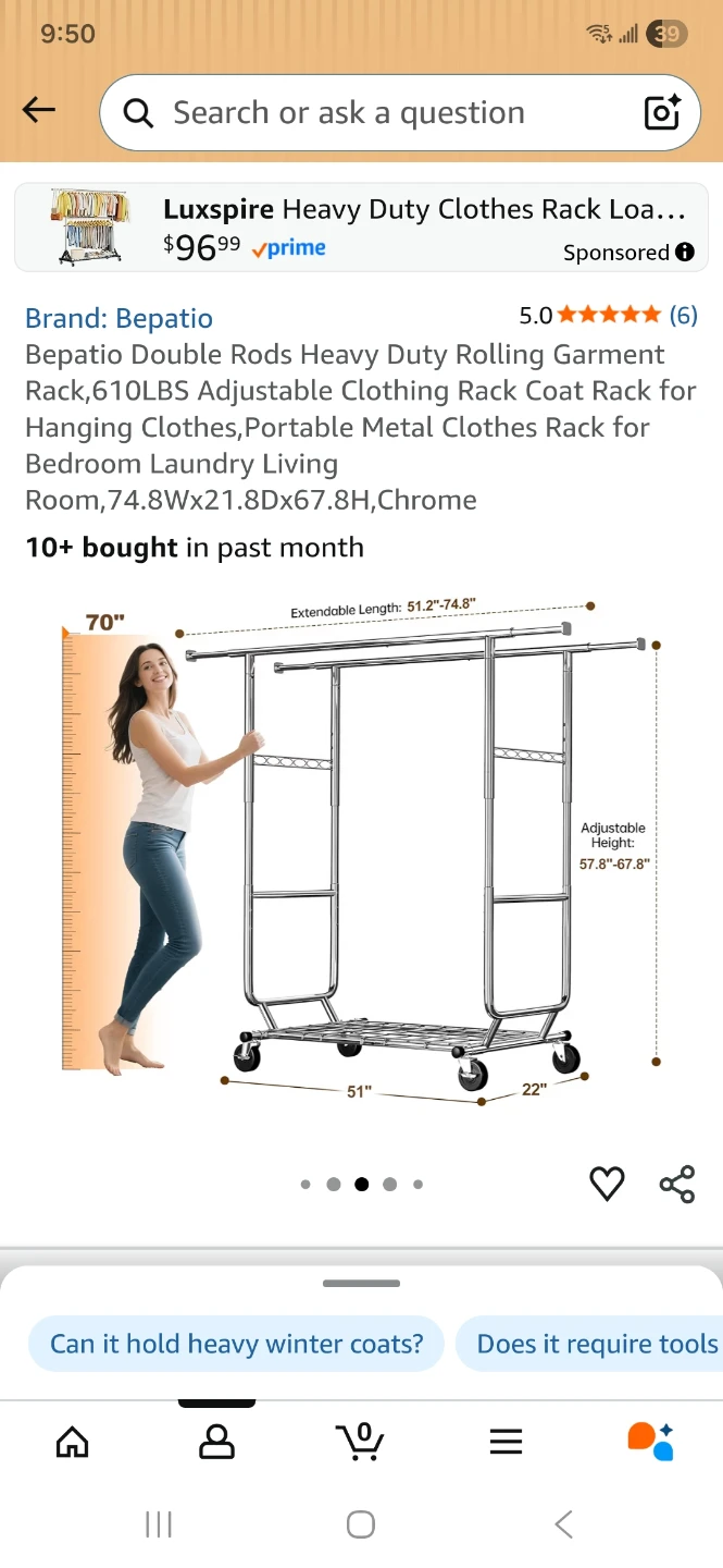 Bepatio Double Rods Heavy Duty Rolling Garment Rack