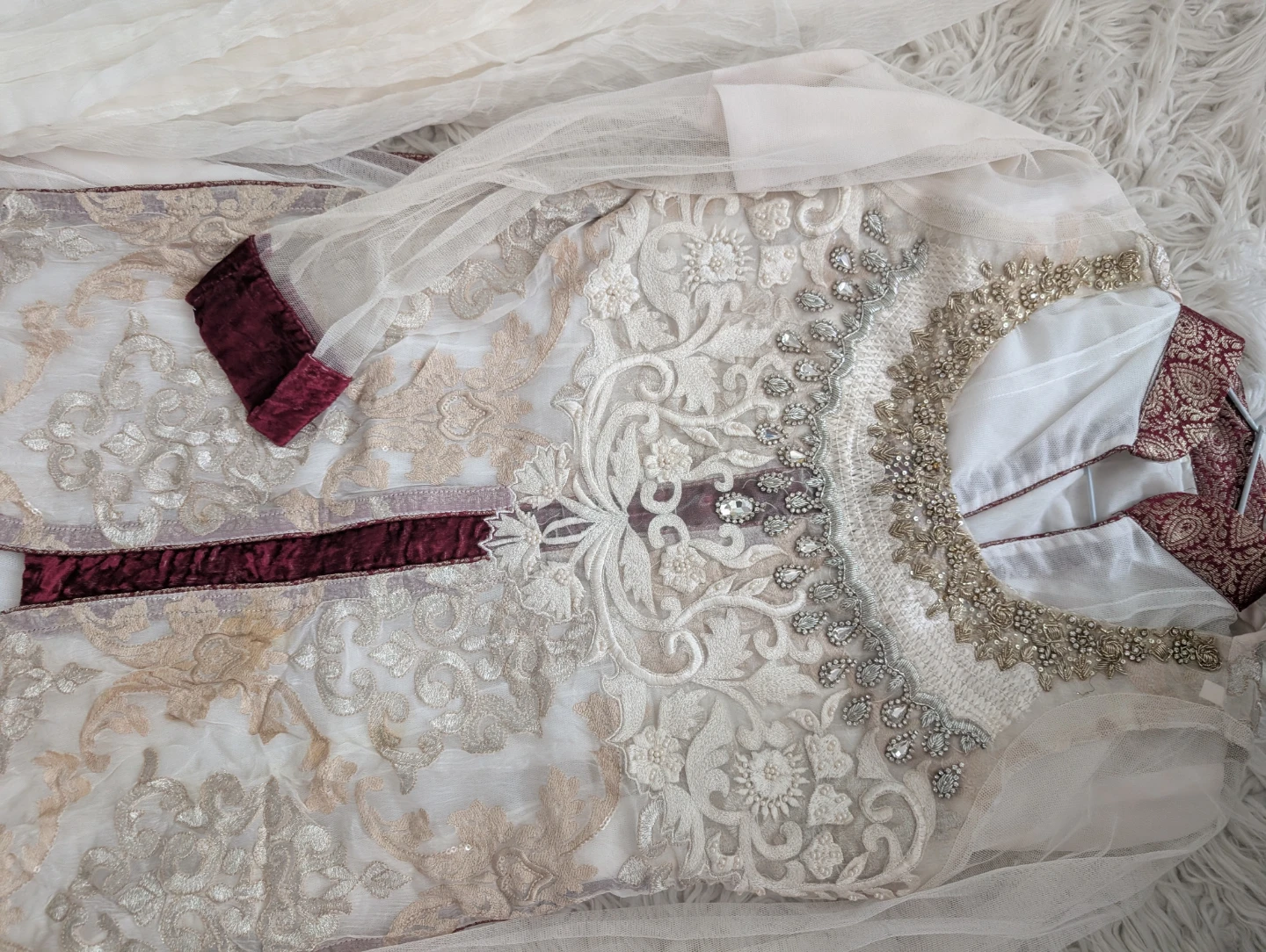 Designer Hand Embroidered White and Maroon Women's Dress - photo 2