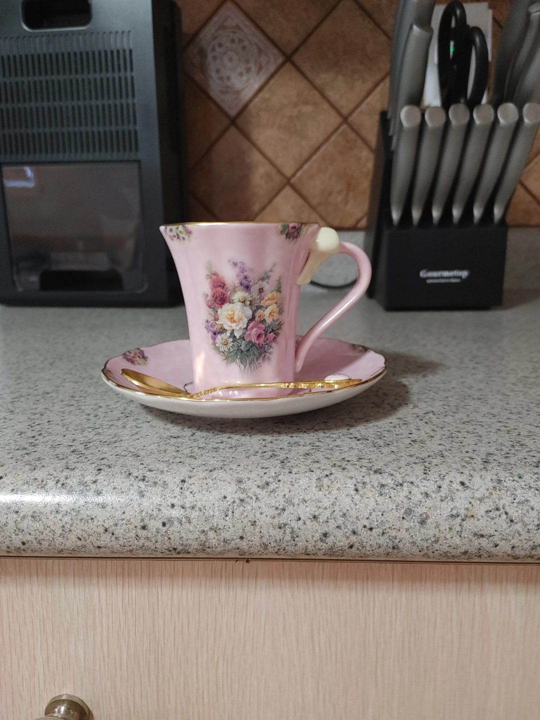 Pink Floral Teacup, Saucer, and Spoon Set