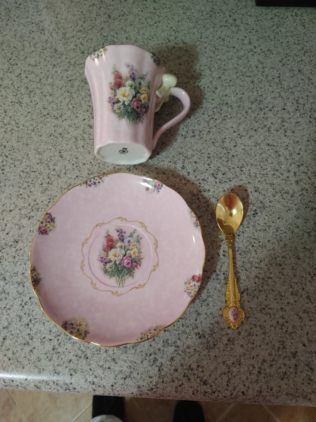 Pink Floral Teacup, Saucer, and Spoon Set - photo 2