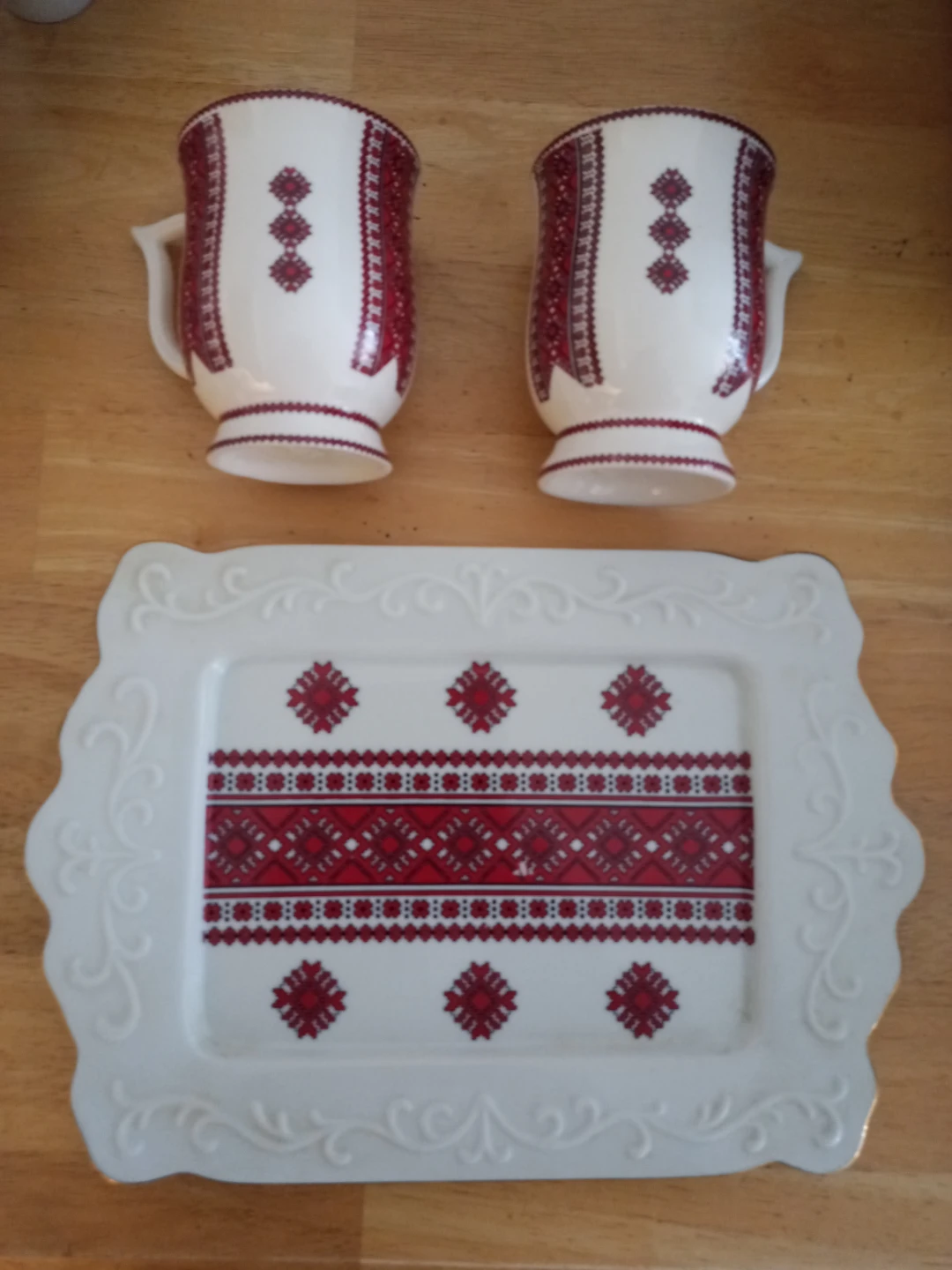 2 Cups & Decorative Tray & Candle Holder Ukranian Pattern