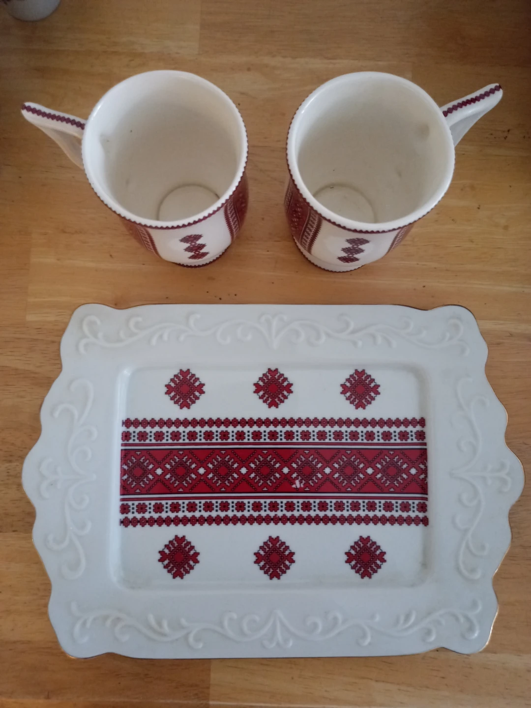 2 Cups & Decorative Tray & Candle Holder Ukranian Pattern - photo 2