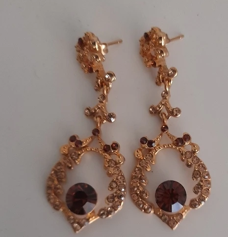 Faux gold-tone Dangle Earrings with Brown Jewel Accents - photo 2