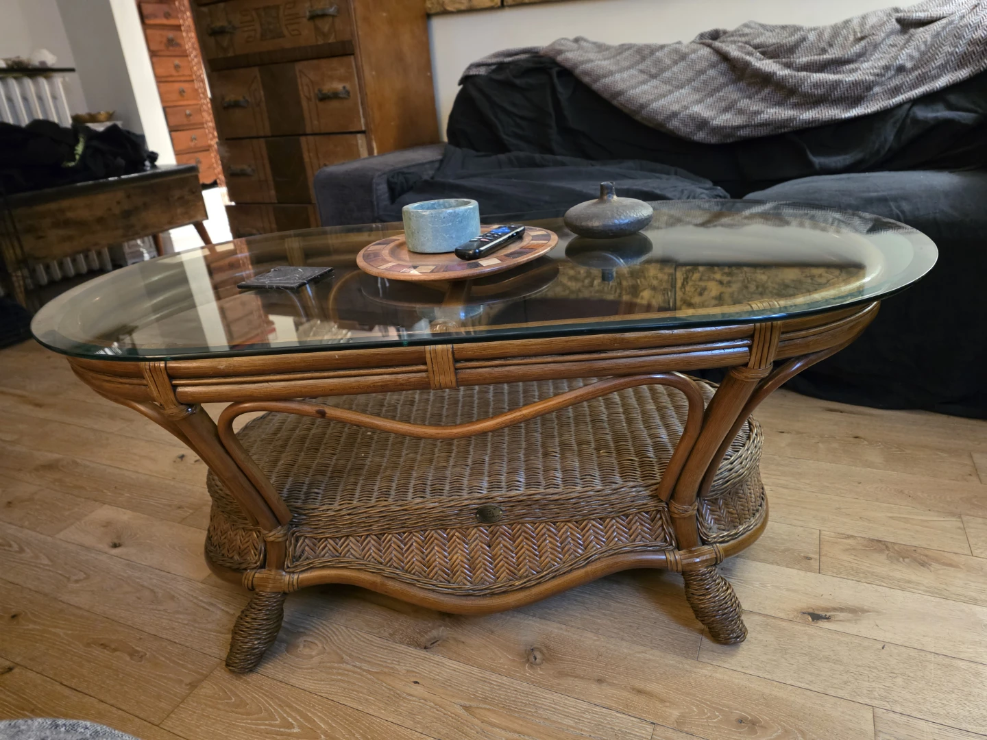 Vintage 2tier Boca Rattan glass top coffee table