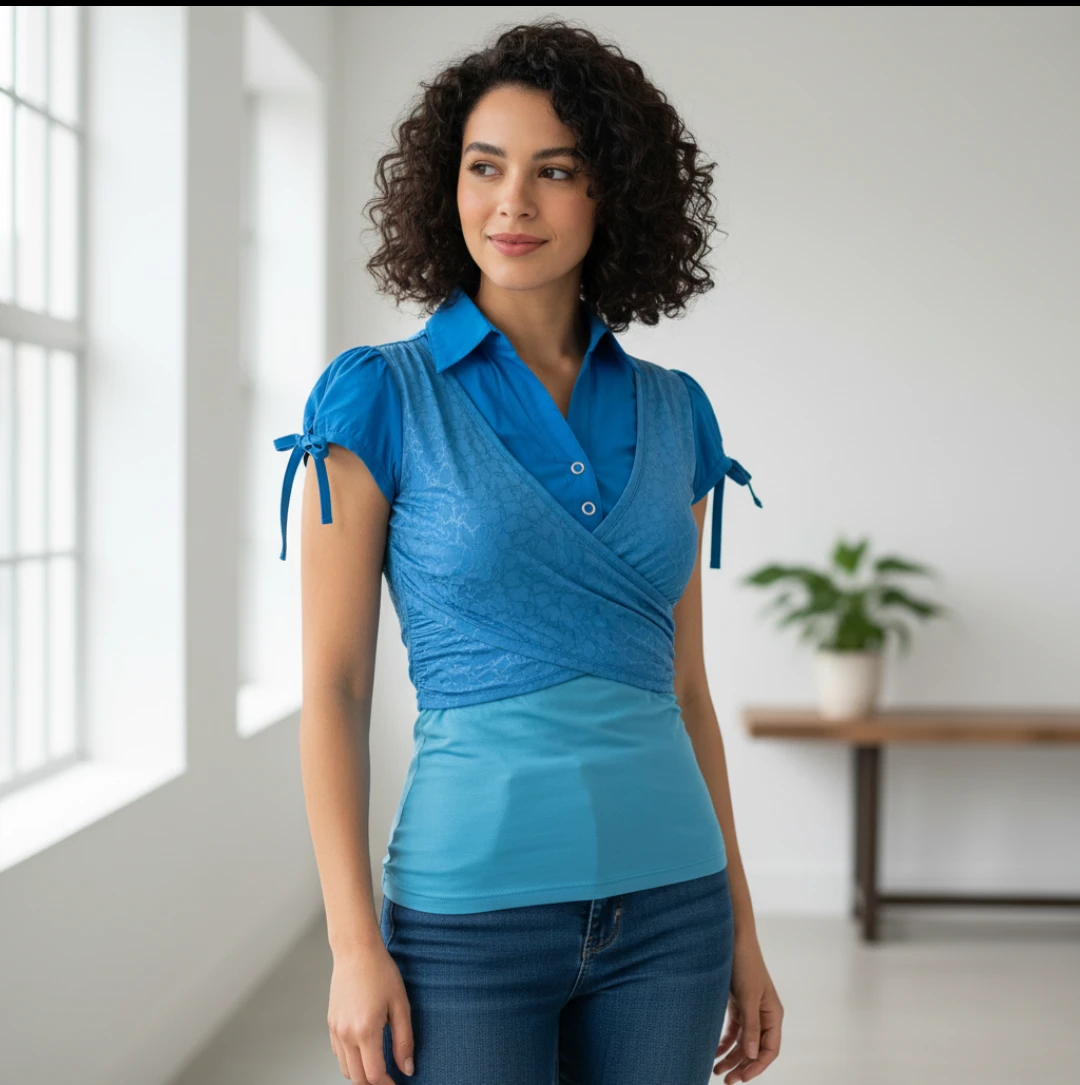 Blue Short Sleeve Collared Wrap Top - photo 2