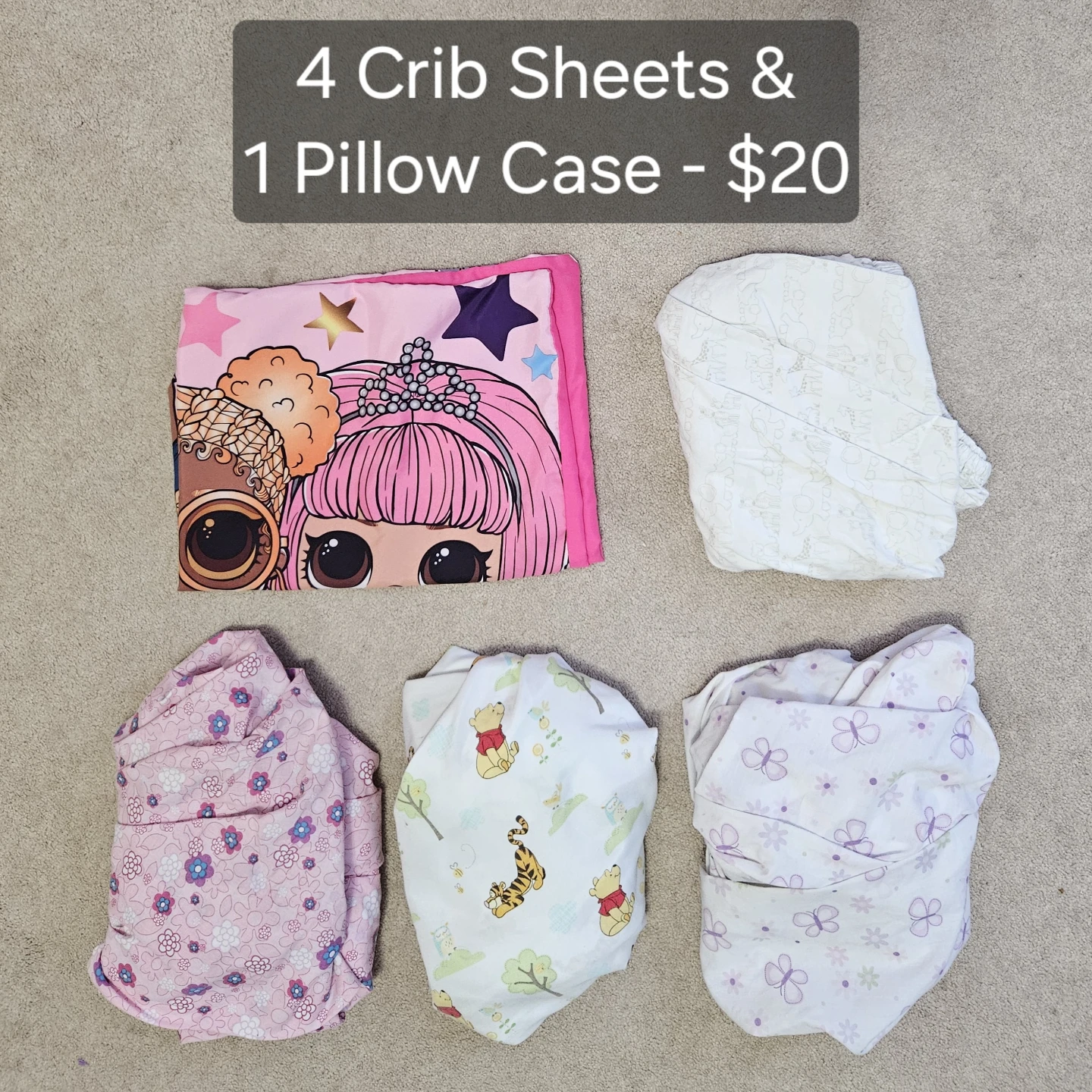 4 Crib Sheets & 1 Pillow Case
