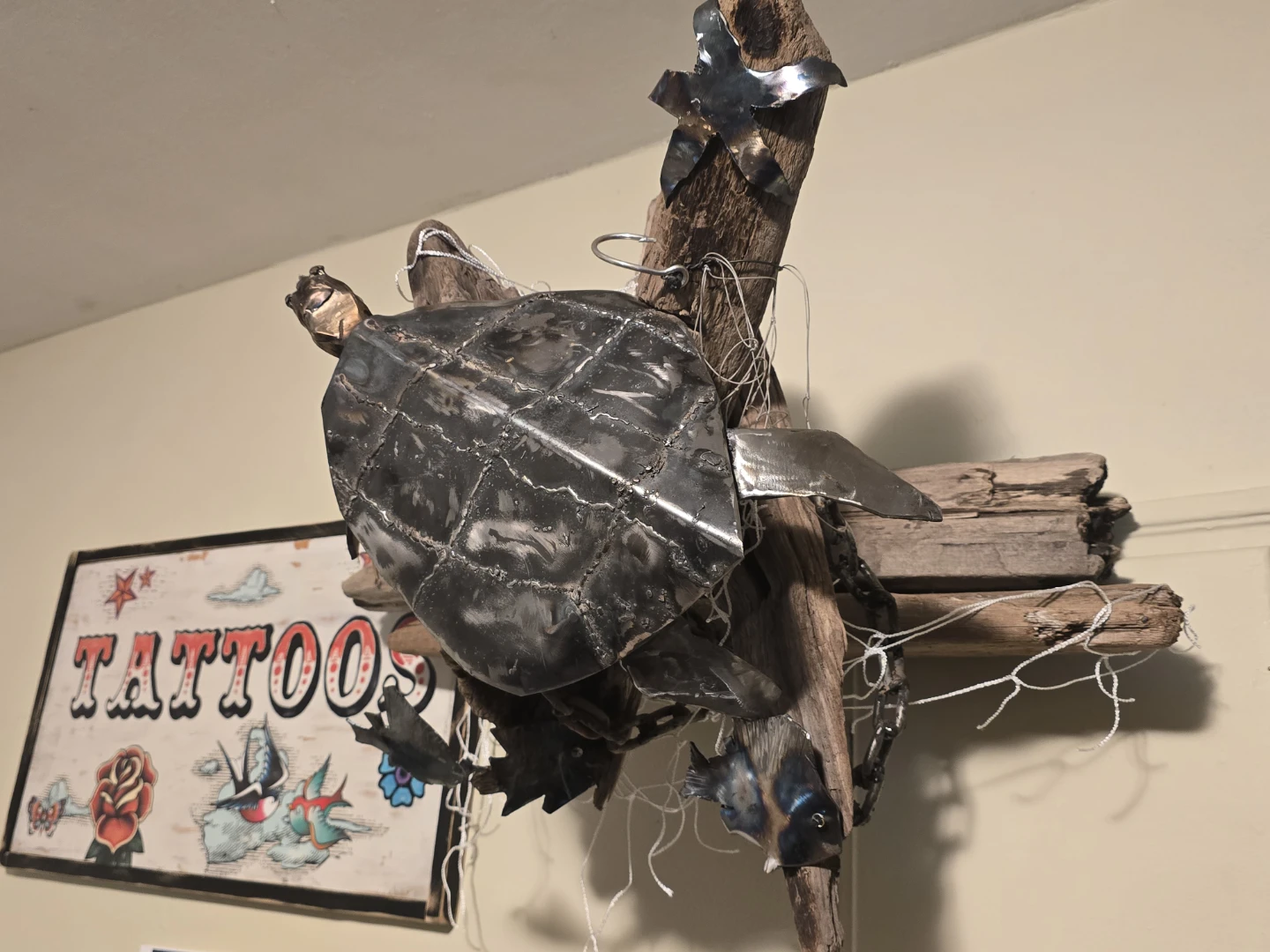 Handmade Metal Turtle Driftwood Sculpture - photo 3