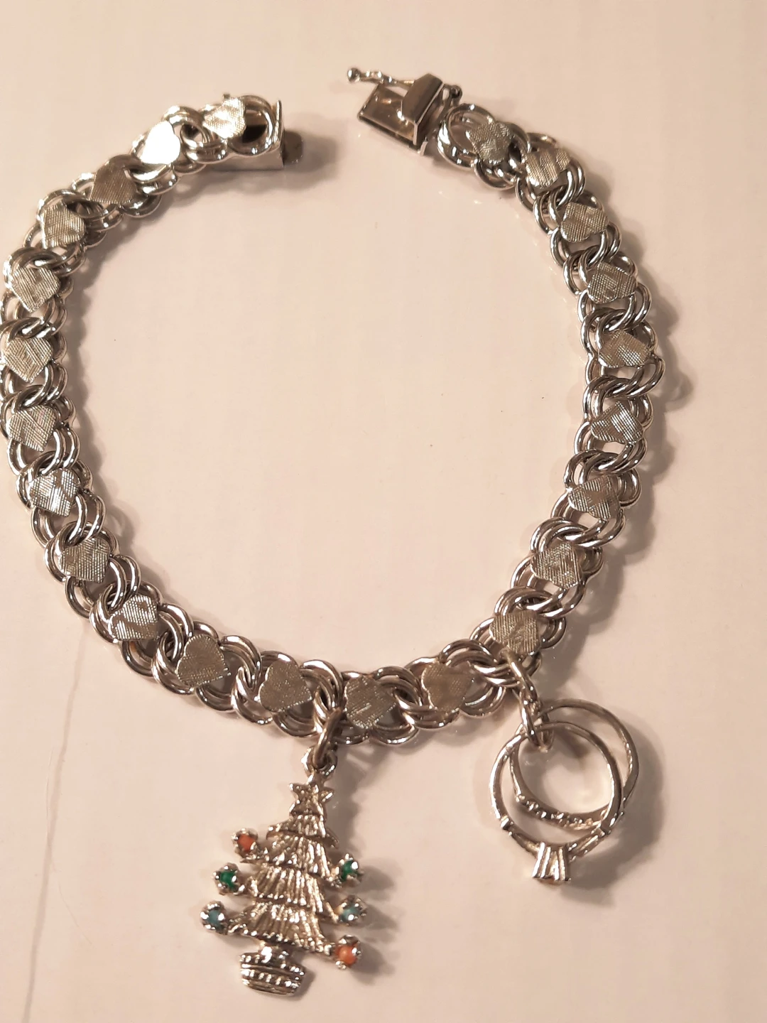 Sterling Silver Charm Bracelet with Christmas Tree & Rings