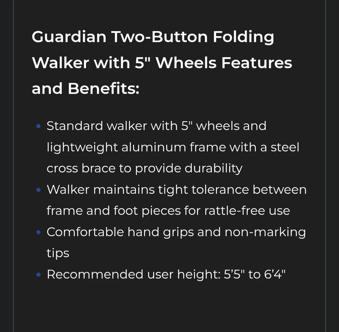 Guardian Two-Button Folding Walker with 5" Wheels NEW! - photo 2