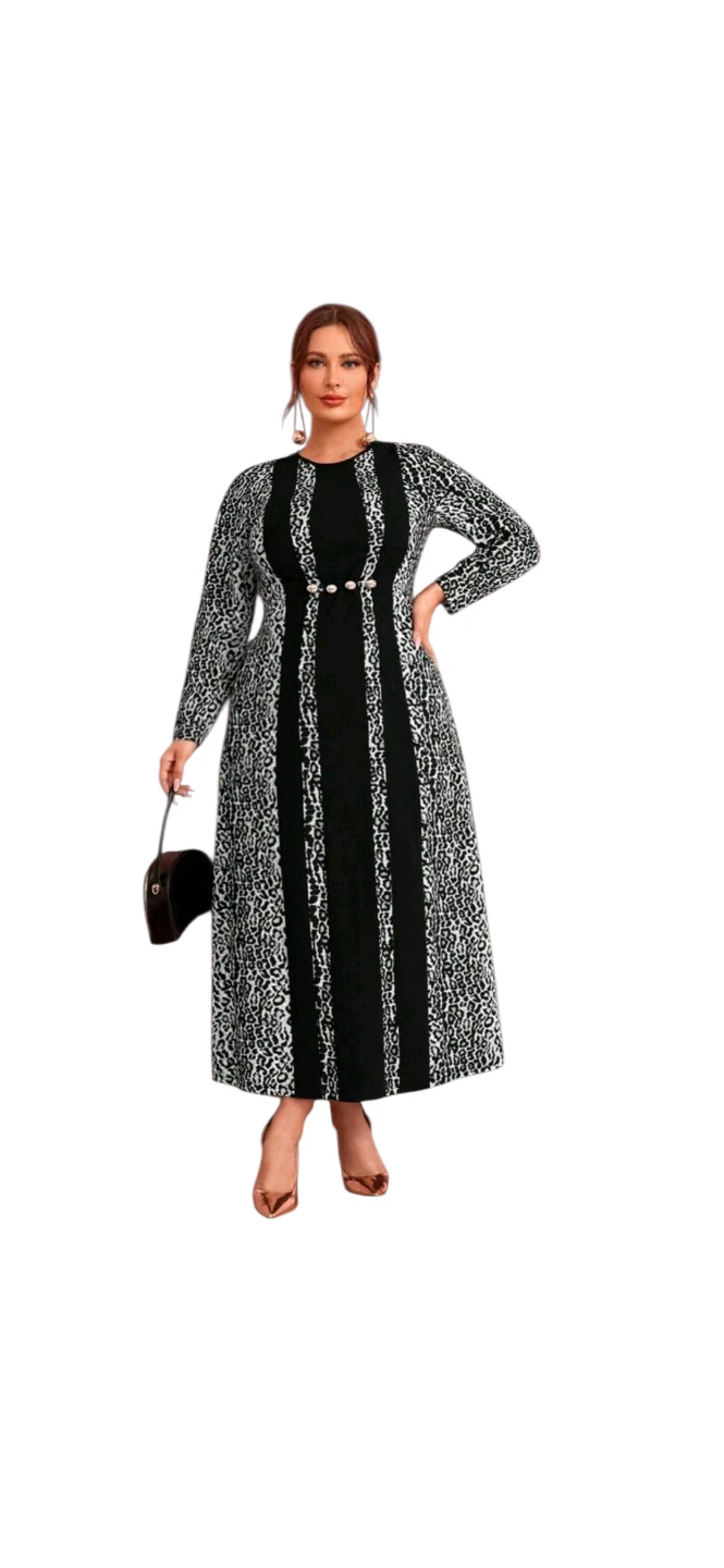 Black and White Leopard Print Long Sleeve Maxi Dress