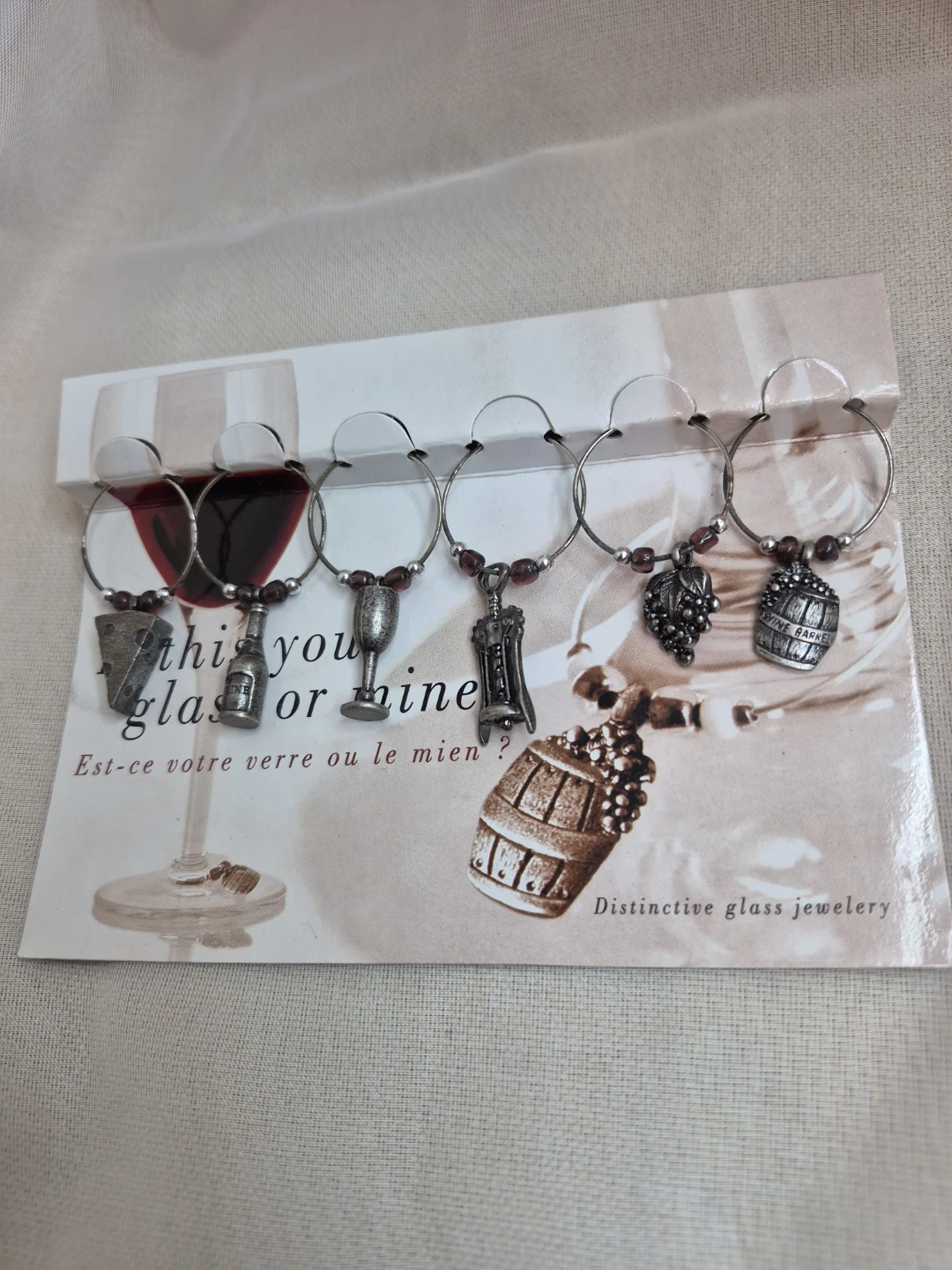 Set of 6 Wine Themed Pewter Wine Charms