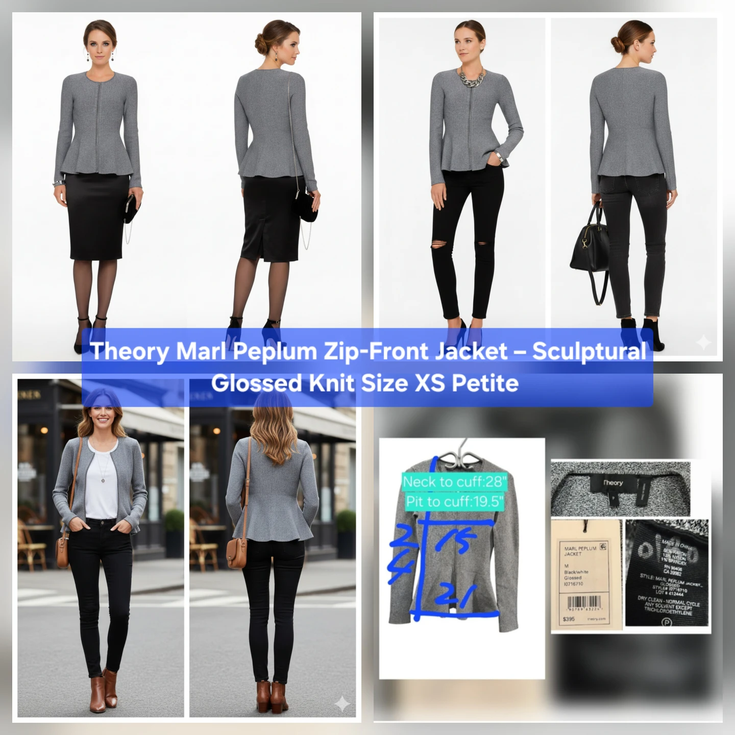 🏆 Theory Marl Peplum Zip-Front Jacket Size XS Petite