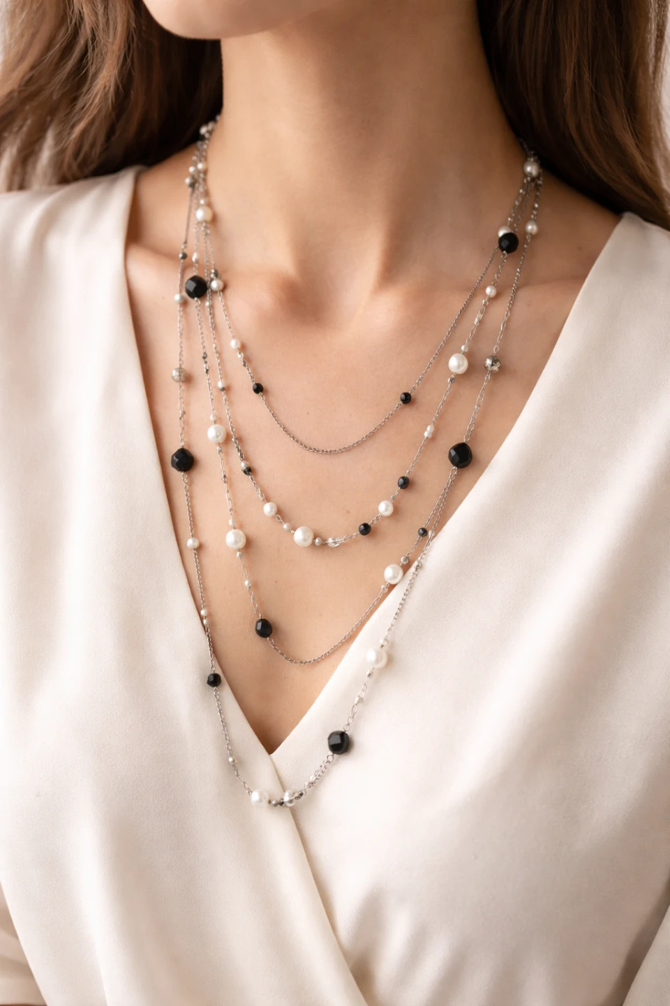 Multi-Layered Faux Pearl & Black Bead Necklace - photo 2