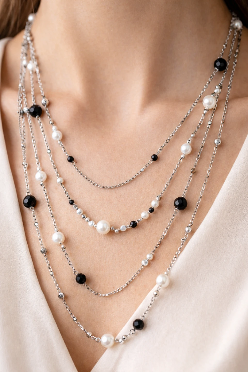 Multi-Layered Faux Pearl & Black Bead Necklace - photo 3