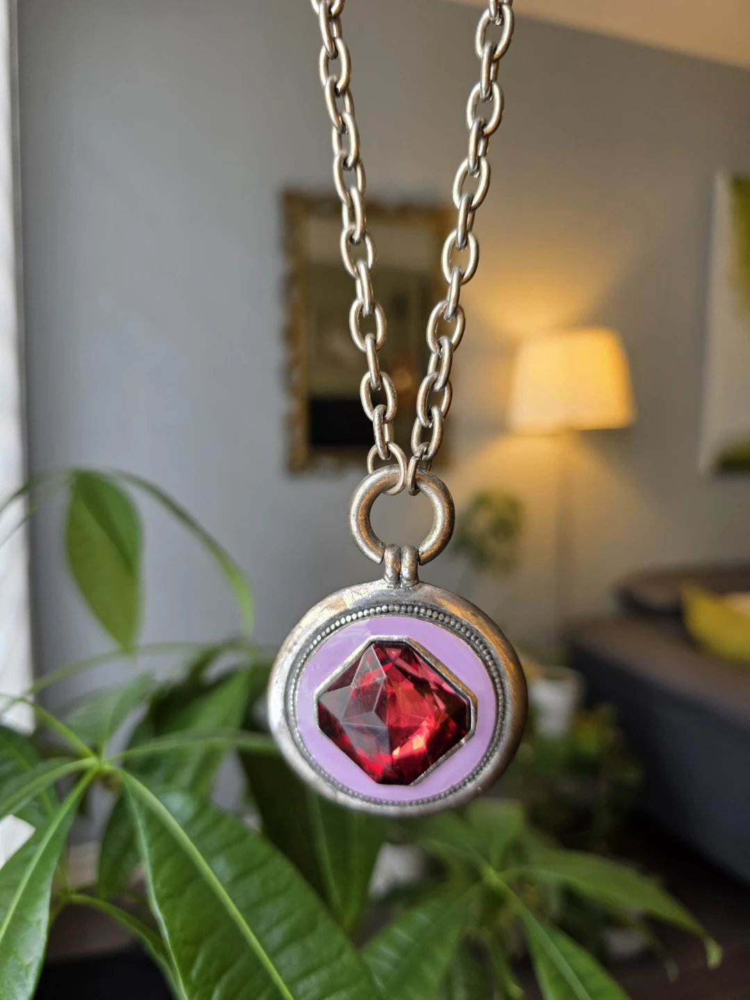 Silver Tone Pendant Necklace with Purple Red Gem
