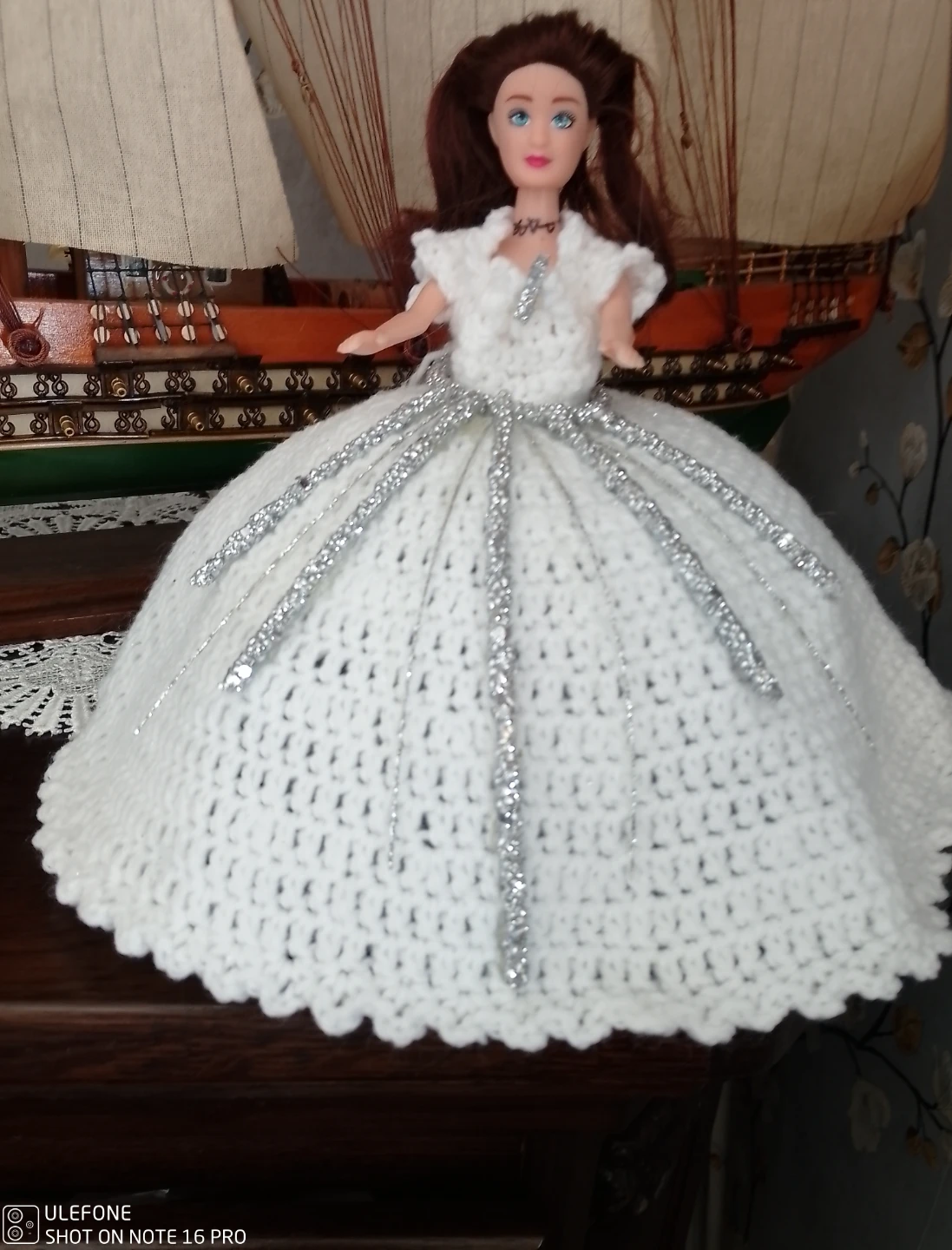 Crocheted Doll Dress with Silver Sparkles