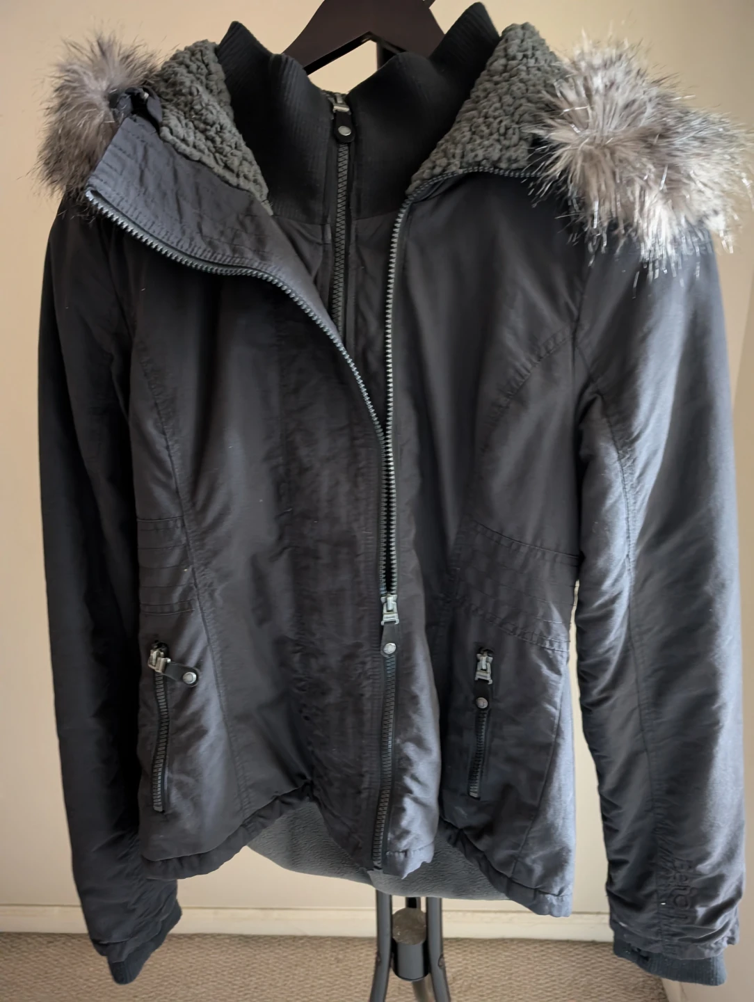 Bench Women's Black Winter Jacket with Faux Fur Hood