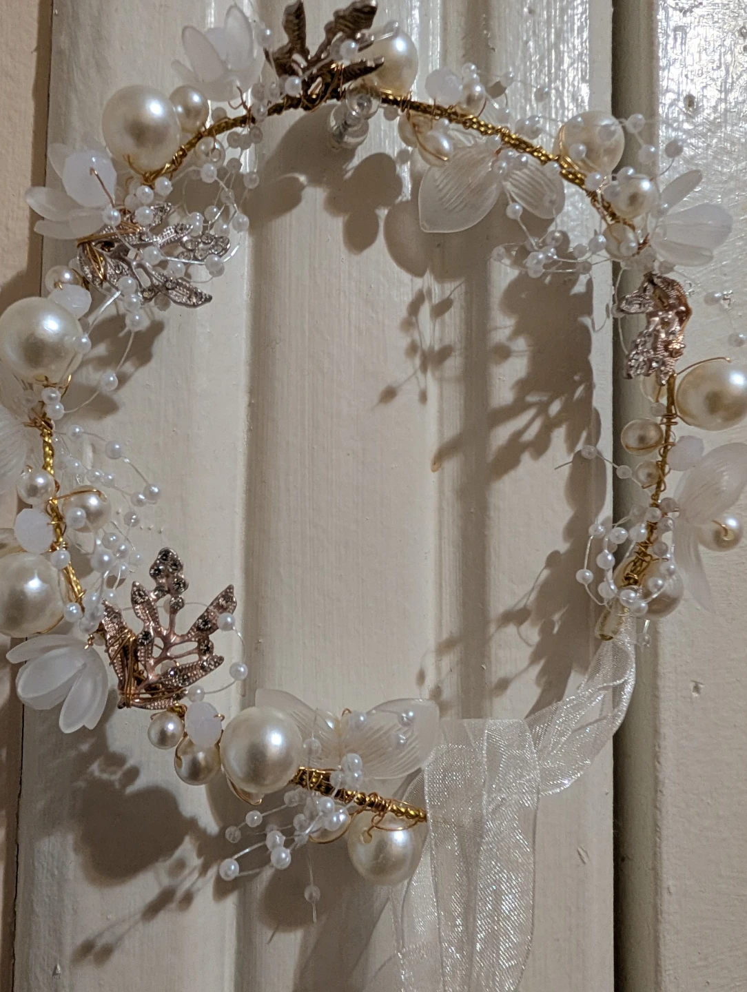 White Pearl Flower Hair Wreath with Ribbon🏆