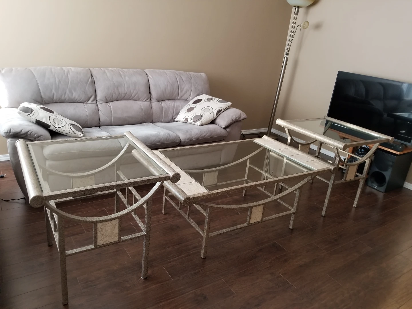Glass Top Coffee Table with Metal Frame & Tile Inserts