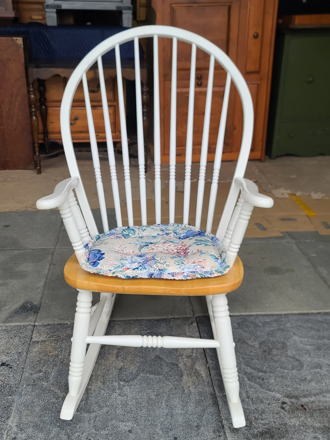 White Spindle Rocking Chair with Floral Cushion
