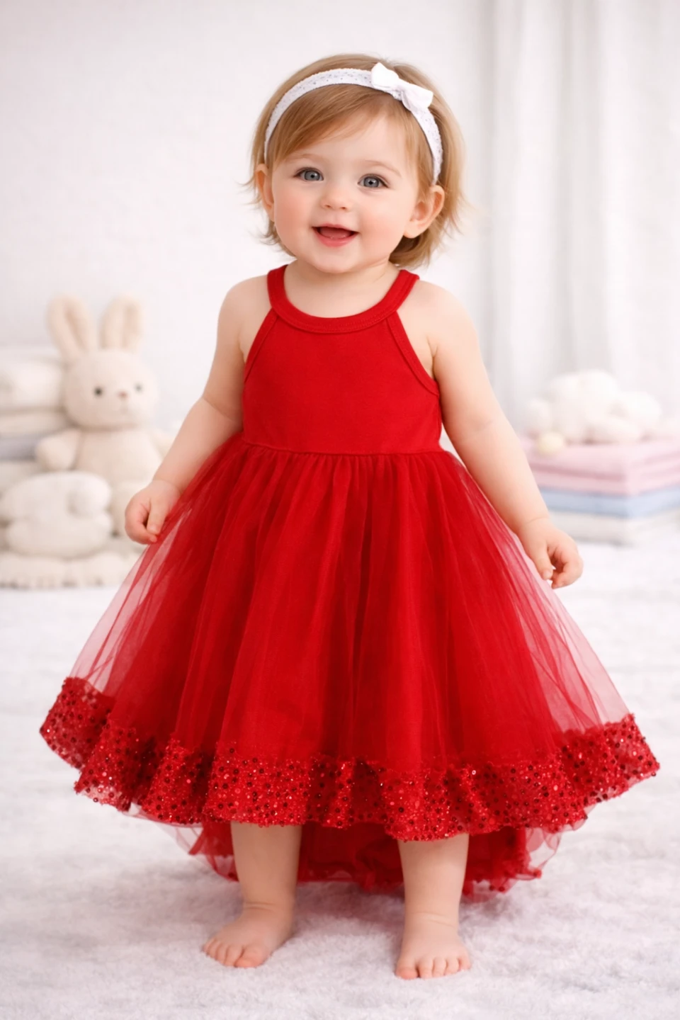 Red Sequin Halter Neck Tulle Dress