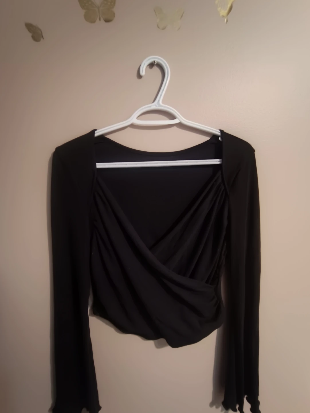 Black Long Sleeve Ruched Wrap Top