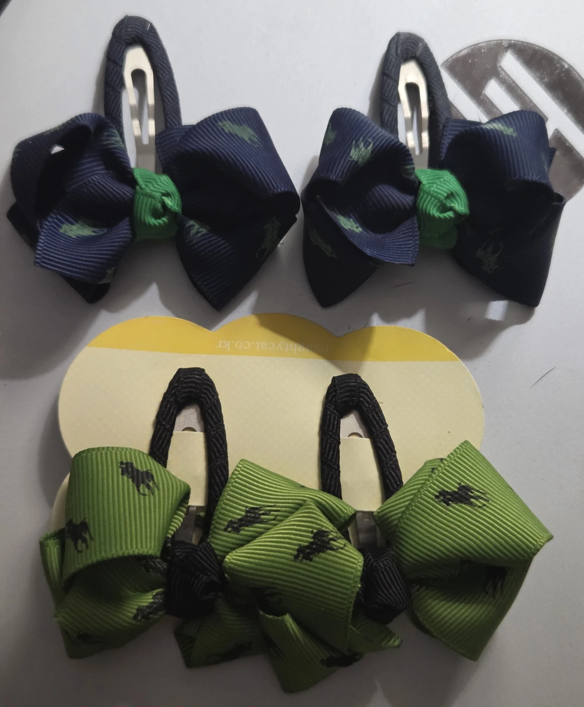 Set of 4 Polo Print Hair Clips - Navy & Green