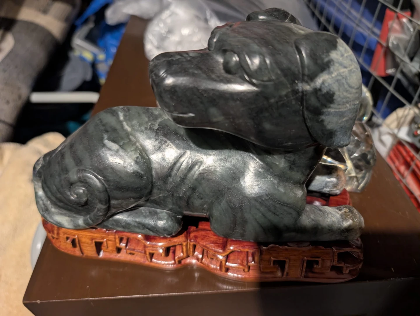 Marble Dog Figurine on Wooden Base
