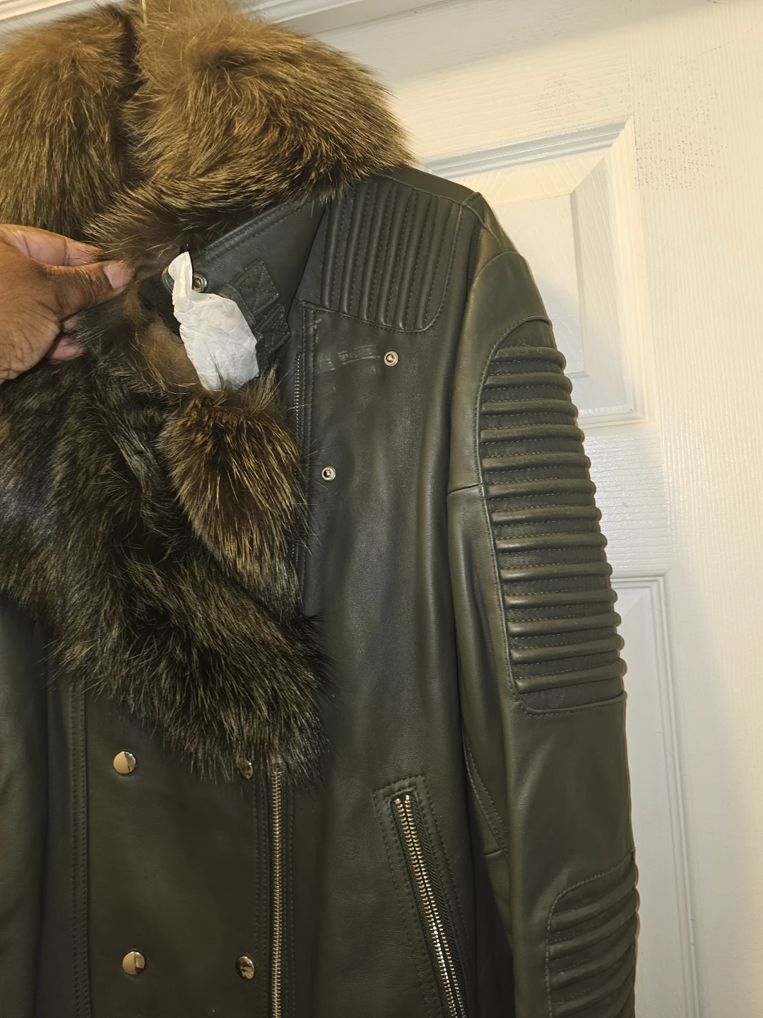 Men's Green Leather Biker Jacket with Fur Collar - photo 3