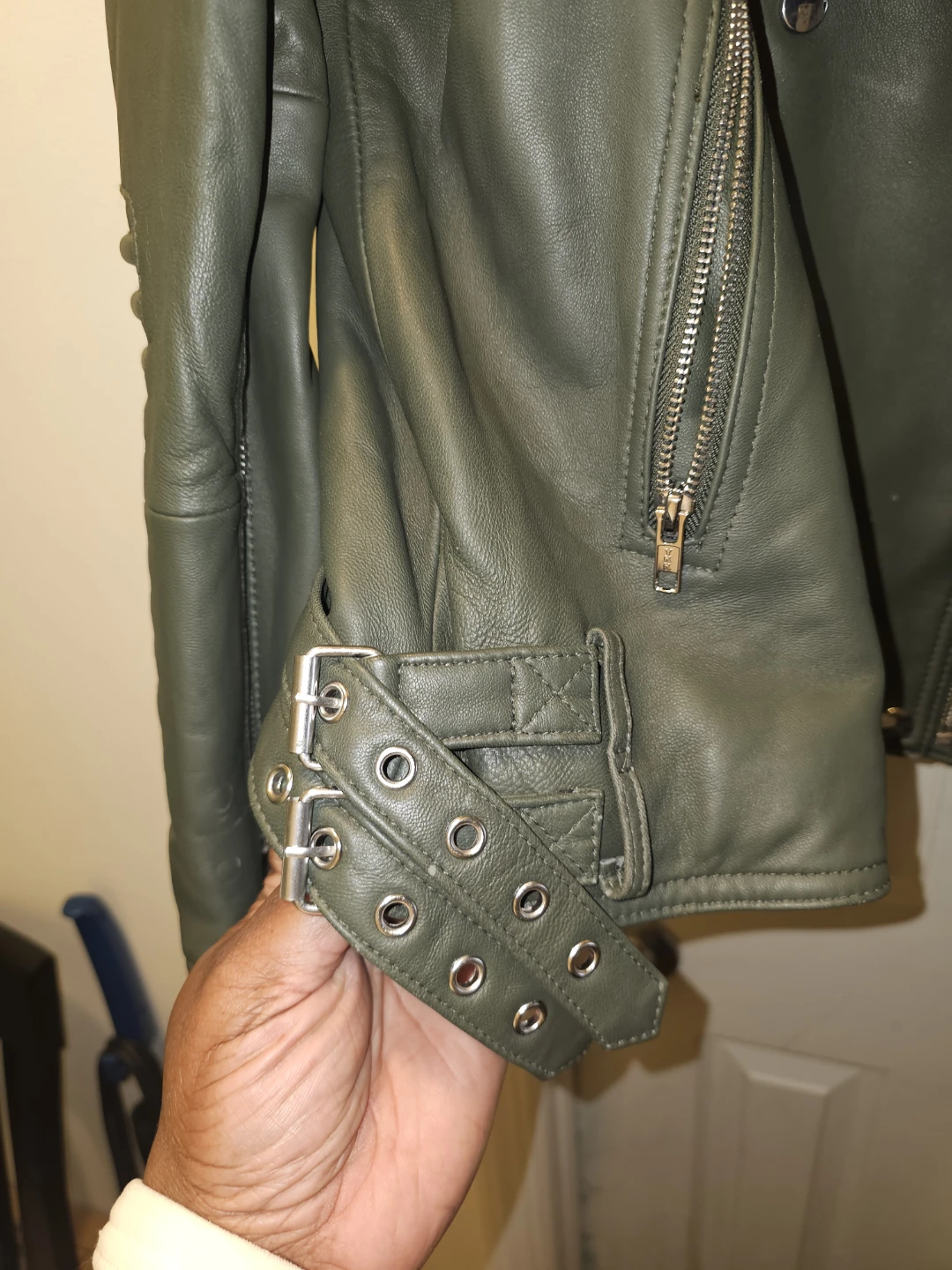 Men's Green Leather Biker Jacket with Fur Collar - photo 5