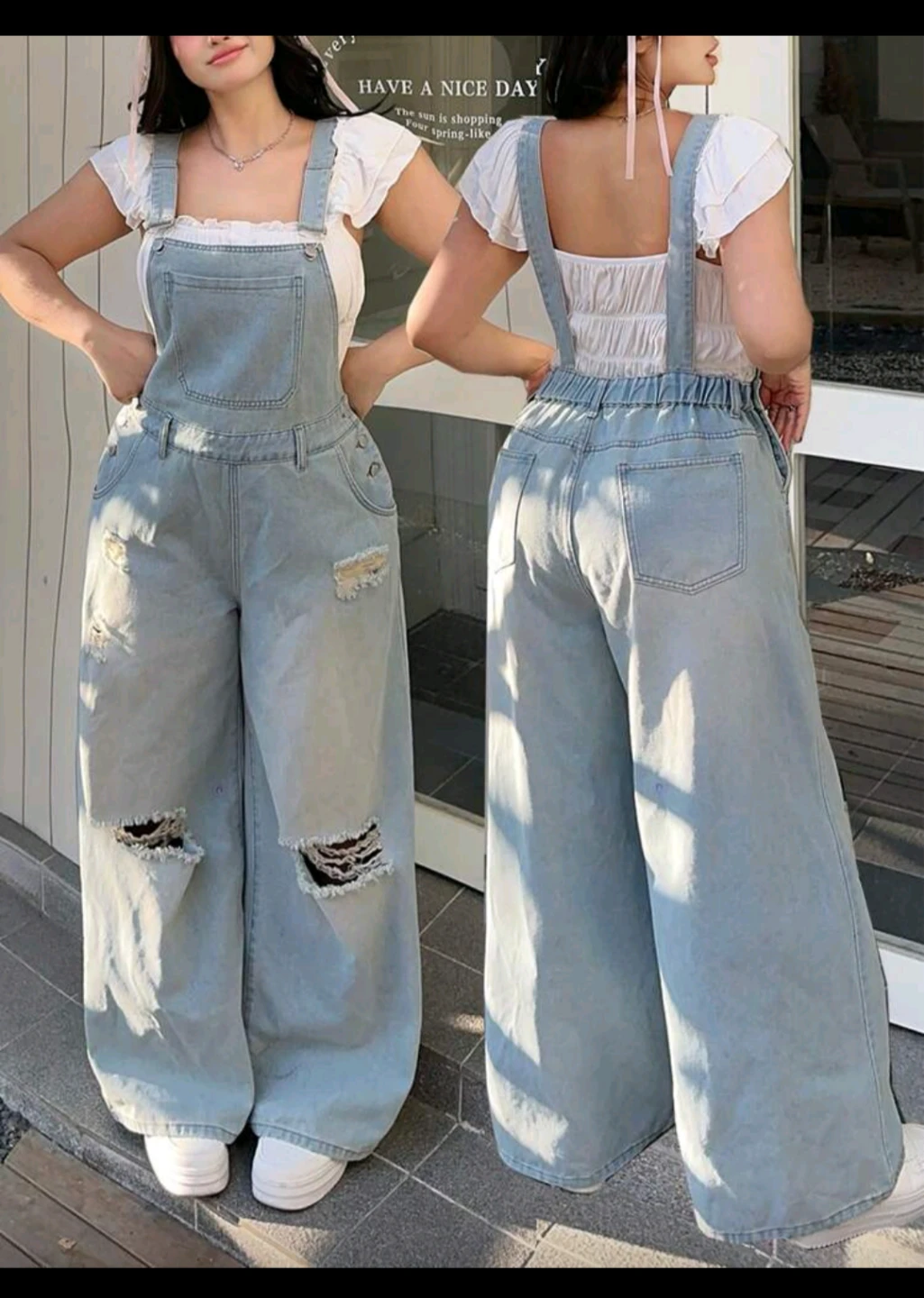 Light Wash Ripped Wide Leg Denim Overalls
