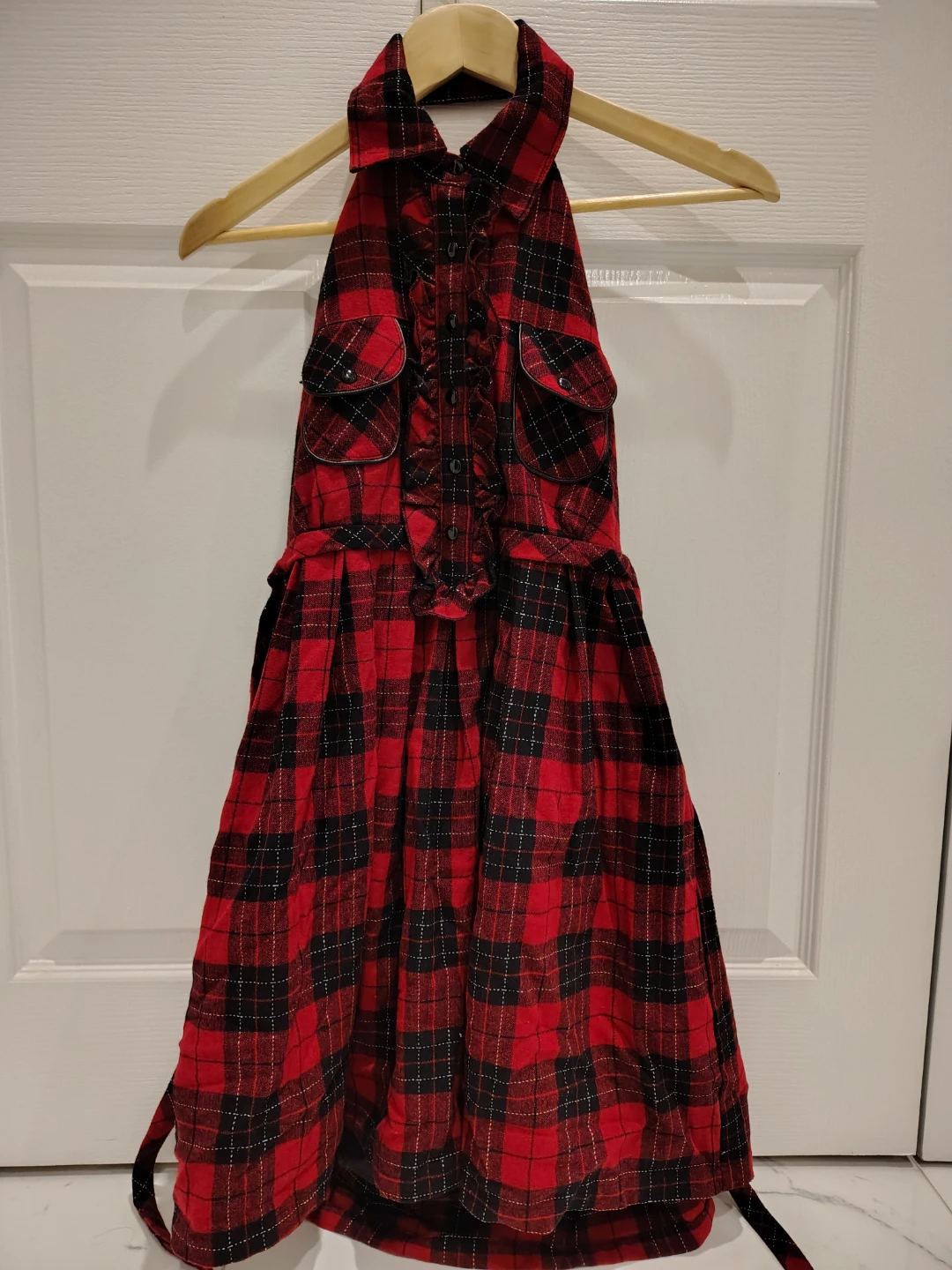 Vintage Red and Black Plaid Halter Dress with Pockets - XS