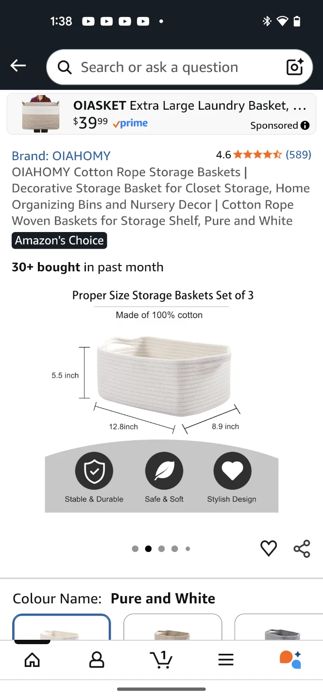 OIAHOMY Cotton Rope Storage Baskets (Set of 2) - Pure and White