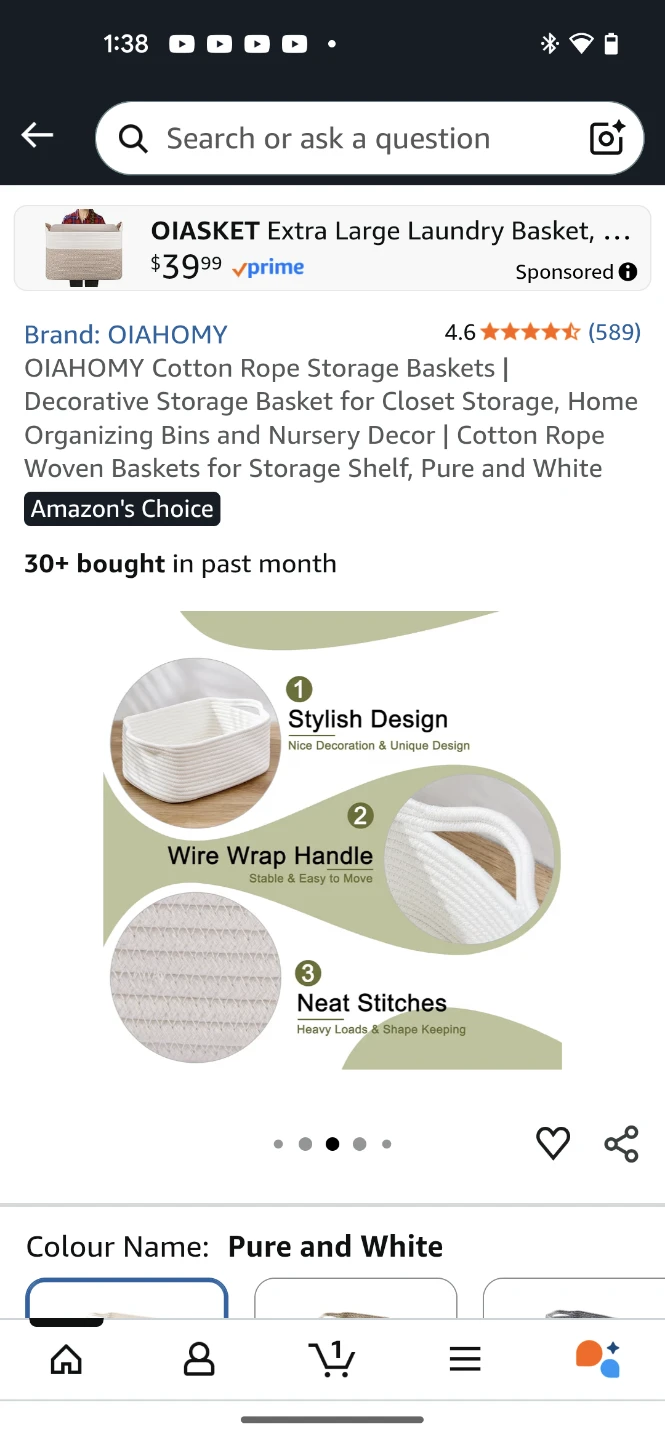 OIAHOMY Cotton Rope Storage Baskets (Set of 2) - Pure and White - photo 3