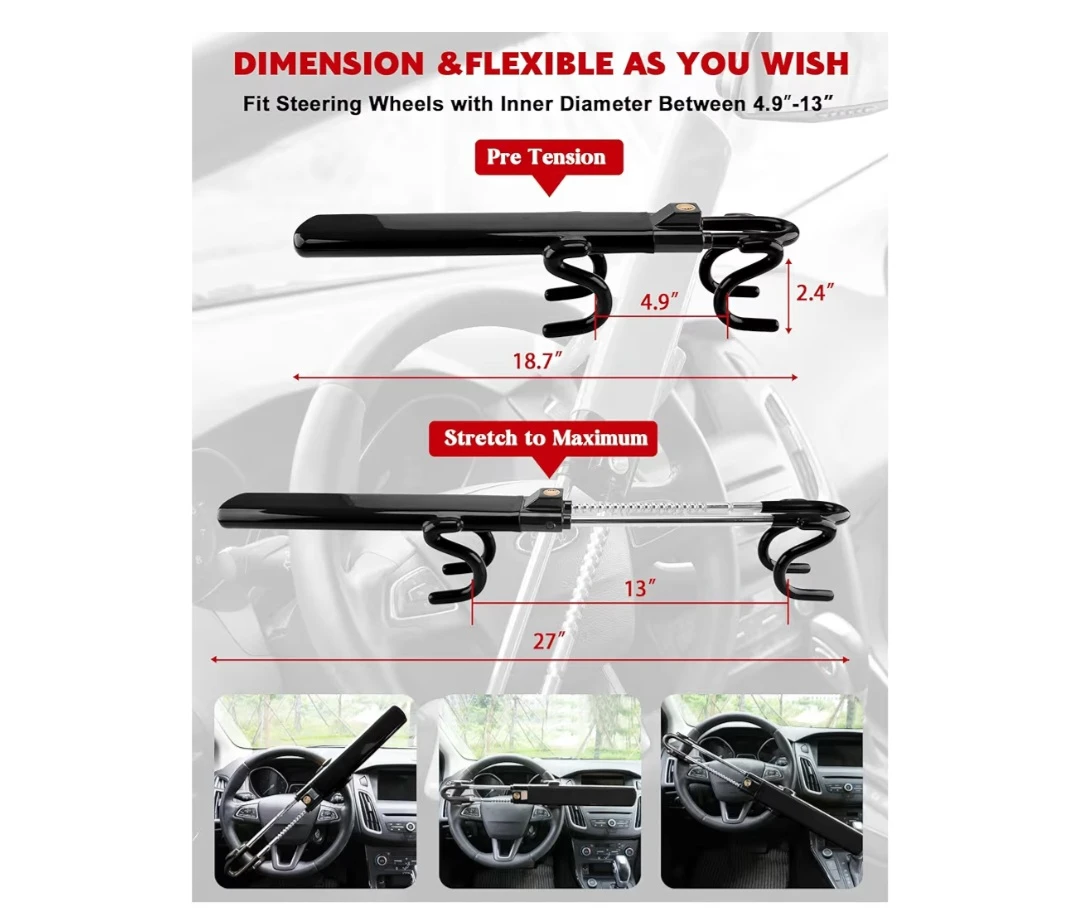 Tevlaphee Steering Wheel Lock Anti-Theft Car with 3 Keys(Black) - photo 2