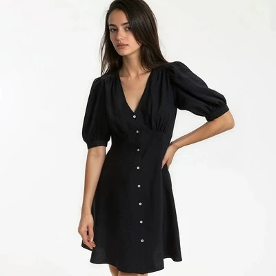 GAP Black Puff Sleeve Button-Front linen Dress - XS TP