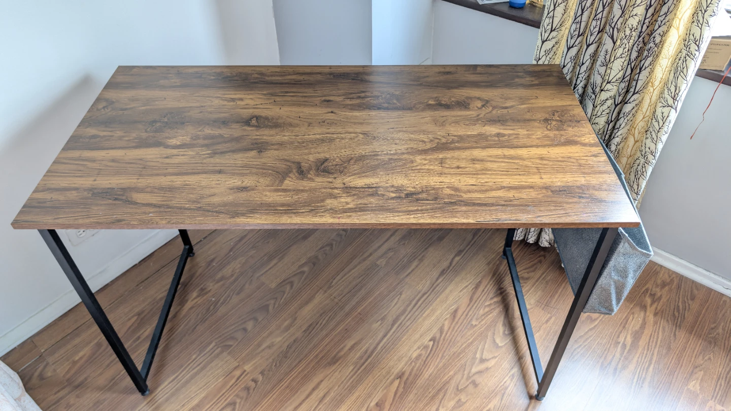 Wood Top Desk with Black Metal Frame and Storage Pocket - photo 3