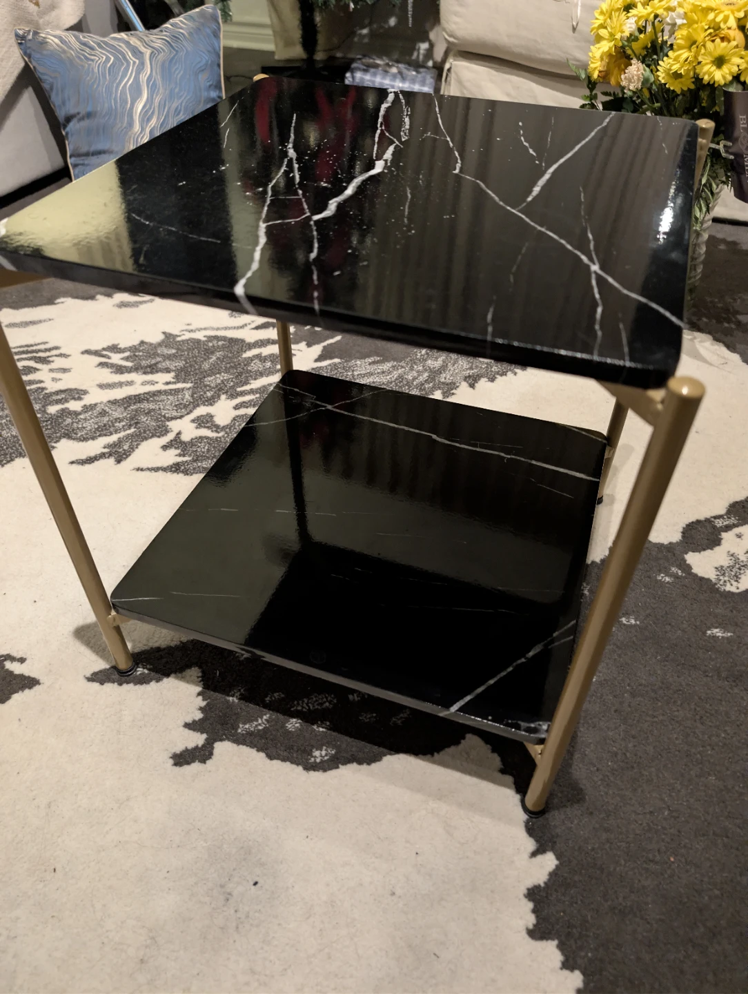 Black Marble Effect End Table with Gold Legs