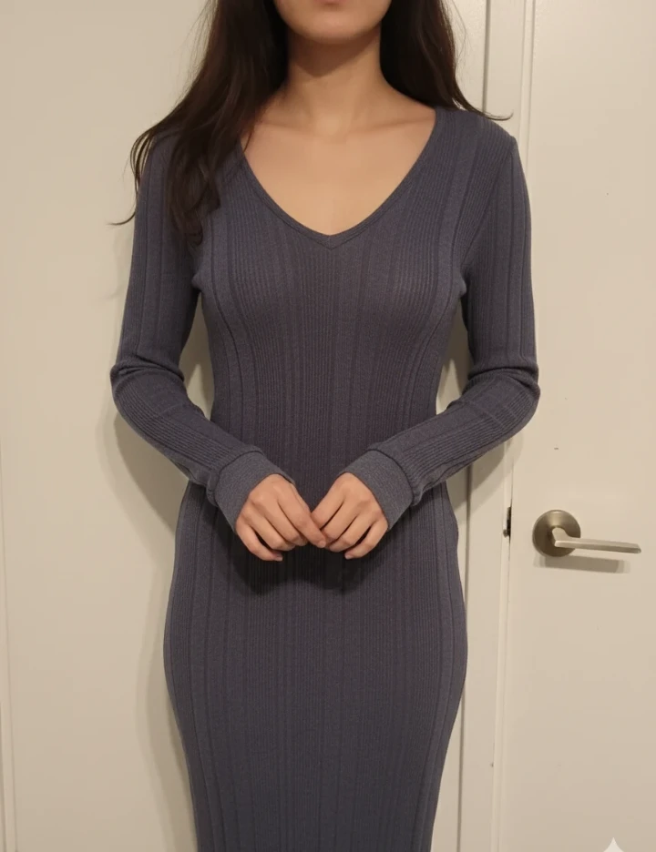 NEW-Ribbed V-Neck Long Sleeve Midi Dress
